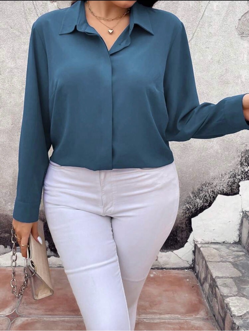 SHEIN Teal Button-Front Long Sleeve Blouse